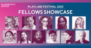 A pink and indigo banner featuring the photos of the playwrights