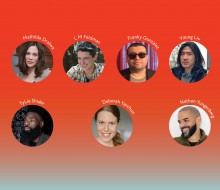 The headshots of the 2021-2024 Core Writers Mathilde Dratwa, L M Feldman, Franky D. Gonzalez, Yilong Liu, TyLie Shider, Deborah Yarchun, and Nathan Yungerberg appear in front of a red background that fades to blue-gray. 