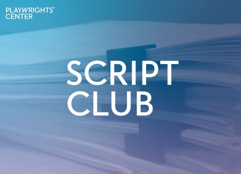 TEXT: Script Club in front of a a picture of stacked scripts with blue and purple filter covering the page