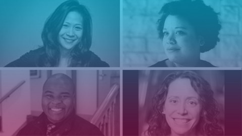 Headshots of May Adrales, Martine Green-Rogers, H. Adam Harris, and Sarah Myers, smiling.