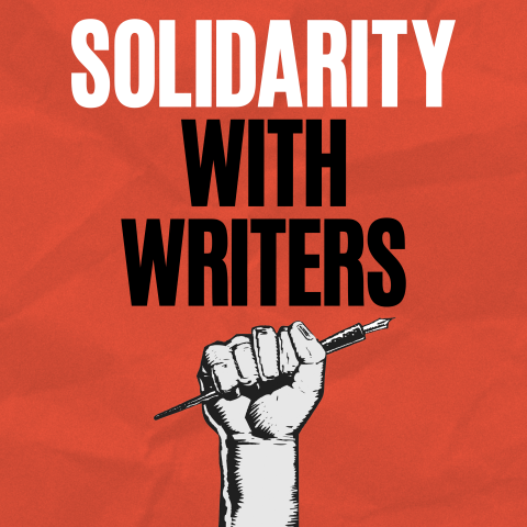An orange square with the headline "Solidarity for Writers" ("solidarity" in white and "for writers" in black) above a drawing of a fist closed around an old-fashioned fountain pen