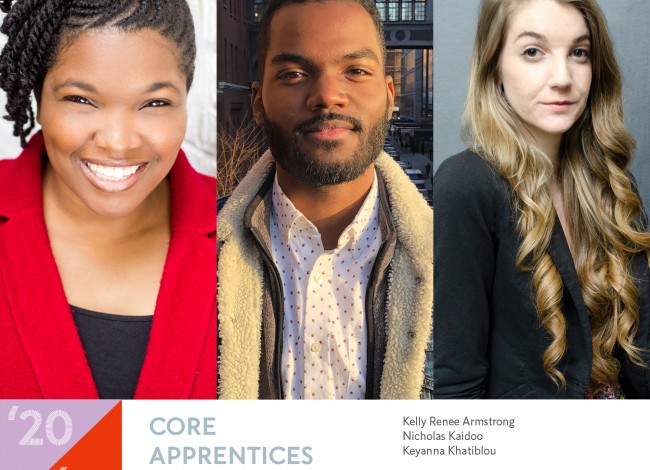 Headshots of the 2020-2021 Core Apprentice playwrights Kelly Renee Armstrong, Nicholas Kaidoo, and Keyanna Khatiblou