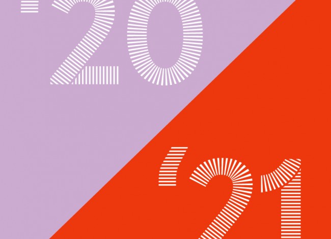 2020-2021 Title treatment. 2020 is in a white font with a lavender background. The background is then split in half on the diagonal, moving to a red background with '21 in a white font over it.