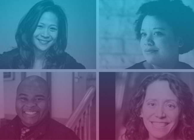 Headshots of May Adrales, Martine Green-Rogers, H. Adam Harris, and Sarah Myers, smiling.