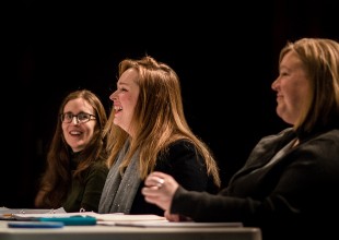Director Hayley Finn, playwright Meg Miroshnik, and dramaturg Wendy Weckwerth workshop QUIVER at the Playwrights' Center