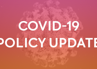 Image of the COVID-19 virus behind a red and orange gradient. The words COVID-19 POLICY UPDATE appear over the graphic