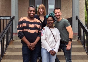 Director of membership programs Hannah Joyce-Hoven with 2017-18 Core Apprentices Carlos Sirah, Dionna Michelle Daniel, and Kirk Boettcher on the steps of the Playwrights' Center